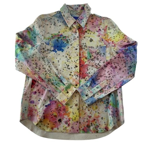 Blu Ice Tops - Blu Ice Leather Shirt Wearable Art‎ Paint Splatter Snap Front Women's Size Small